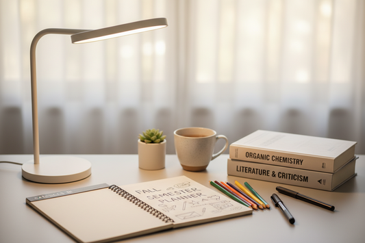 Best desk lamp for studying — cozy back-to-school student desk setup with modern table lamp