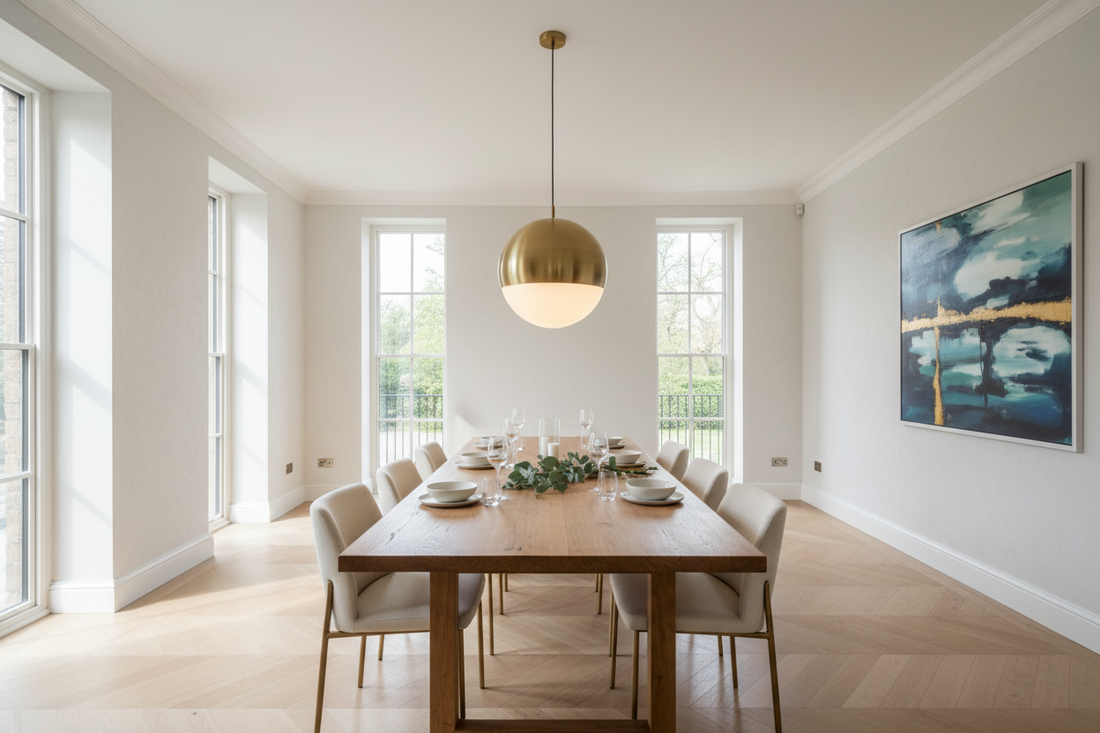 Modern dining room with a warm brass globe pendant light hanging over a wooden dining table in a new home