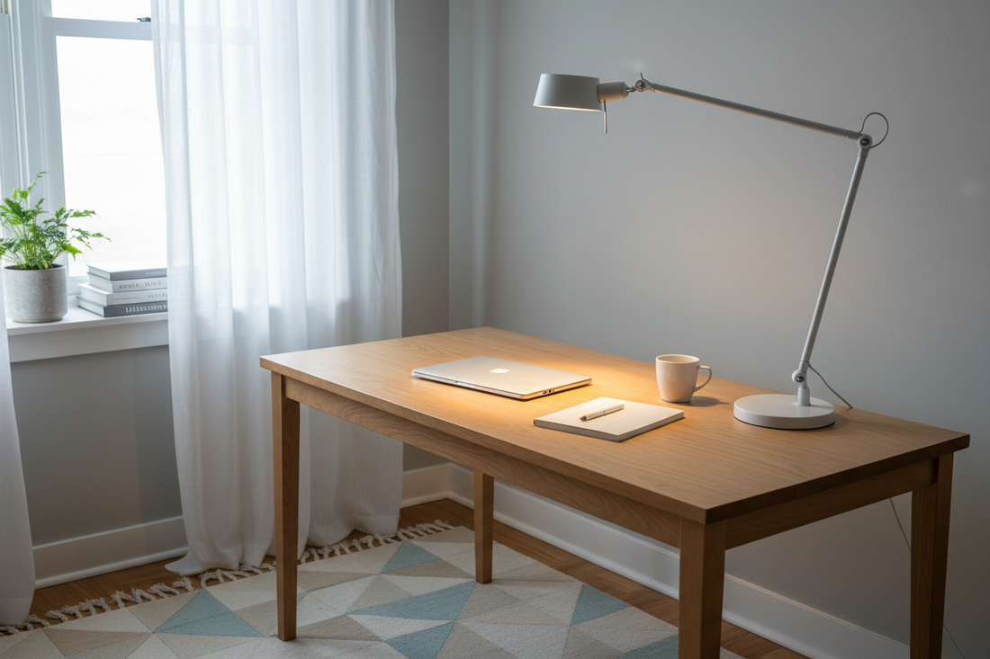 White swing-arm LED desk lamp illuminating a modern home office desk setup with laptop and notebook