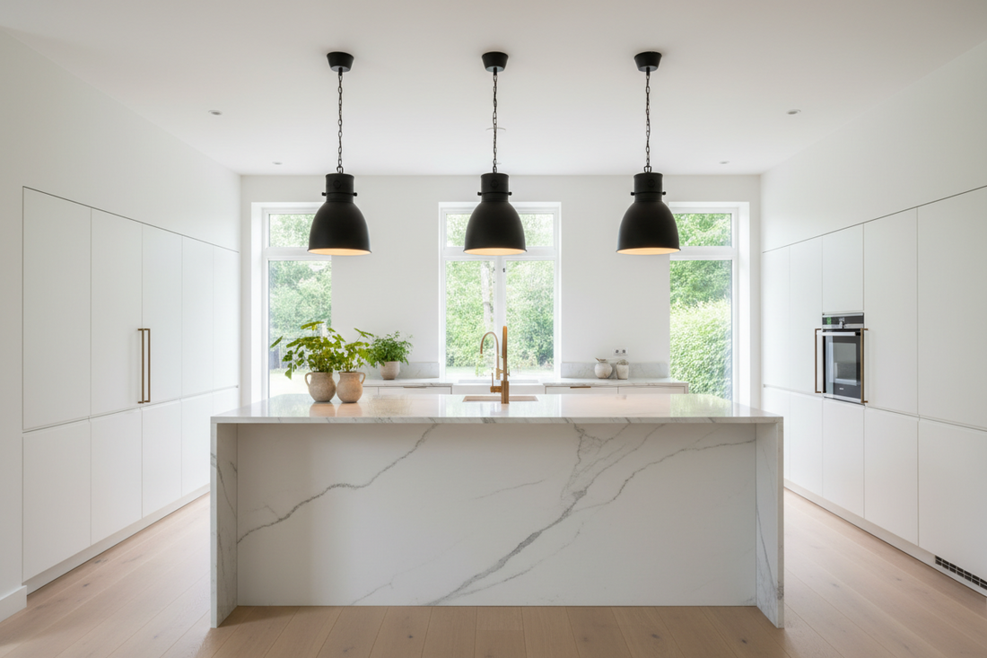 Modern matte black pendant lights over a white marble kitchen island with warm ambient lighting