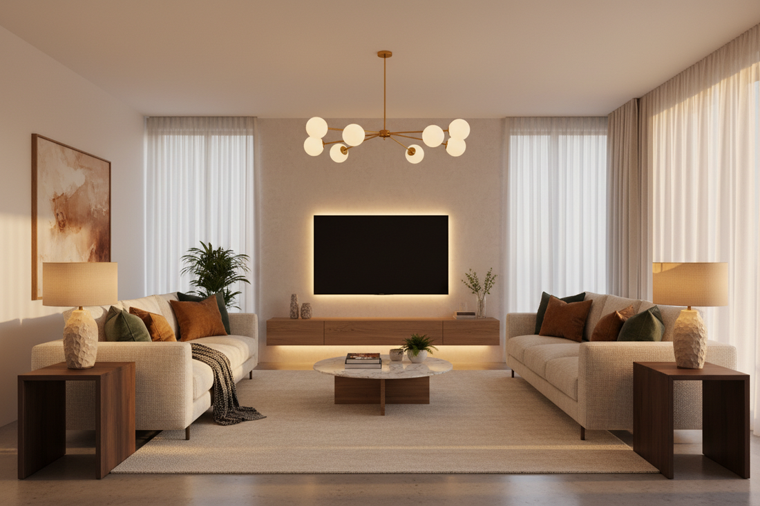 A beautifully lit modern living room with layered ambient, task, and accent lighting — interior lighting design guide