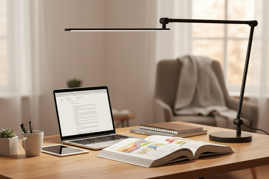 Modern LED desk lamp lighting a student study setup with textbook and laptop for back to school 2026