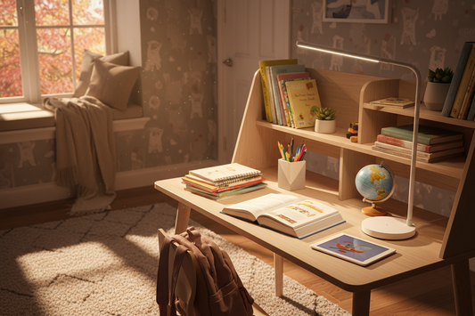 Smart table lamp illuminating a kids study desk for back-to-school season