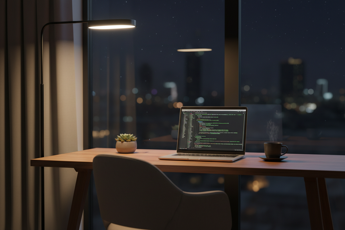 A beautifully illuminated modern home office workspace at night featuring warm ambient lighting from premium lamps, by Glowhaven.