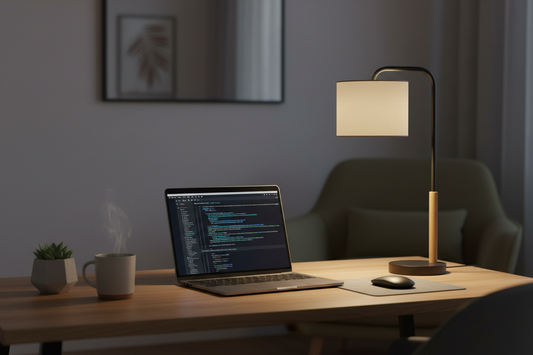 A beautifully illuminated modern home office workspace at night featuring warm ambient lighting from premium lamps, by Glowhaven.