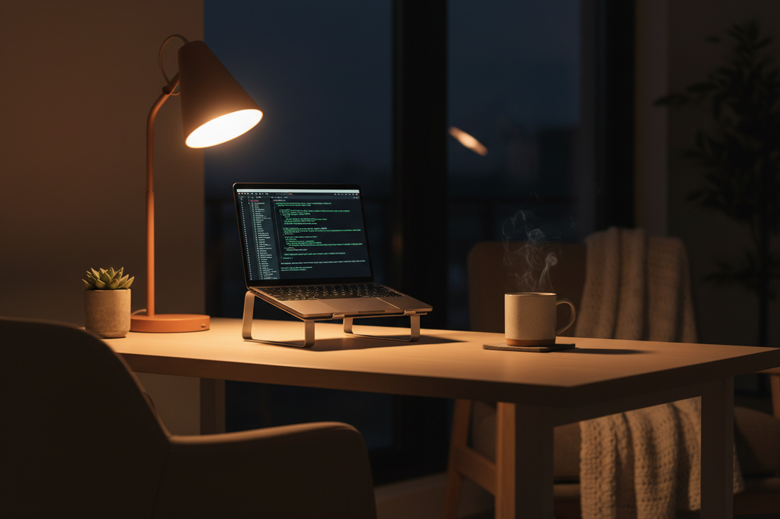 A beautifully illuminated modern home office workspace at night featuring warm ambient lighting from premium lamps, by Glowhaven.