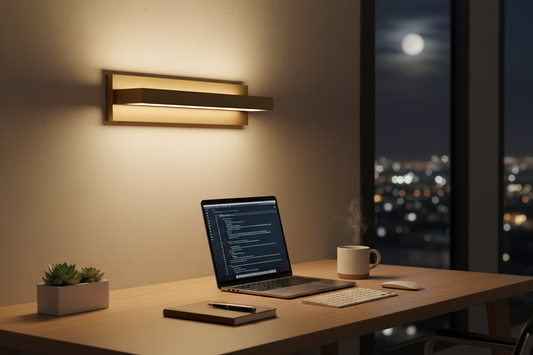 A beautifully illuminated modern home office workspace at night featuring warm ambient lighting from premium lamps, by Glowhaven.