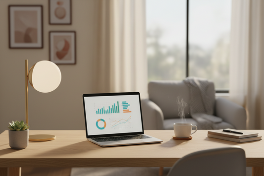 A beautifully illuminated modern home office workspace featuring warm ambient lighting from premium lamps, by Glowhaven.
