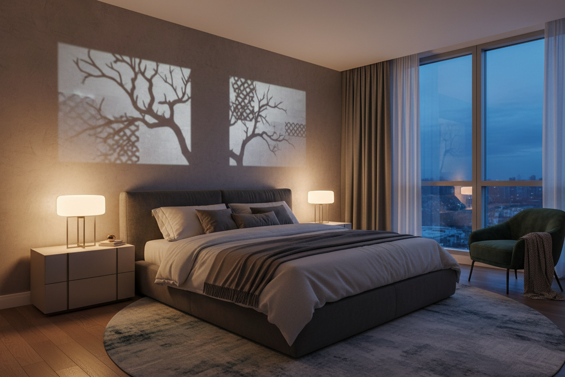 A beautiful bedroom retreat featuring warm bedside lamps and artistic shadow projectors, by Glowhaven.