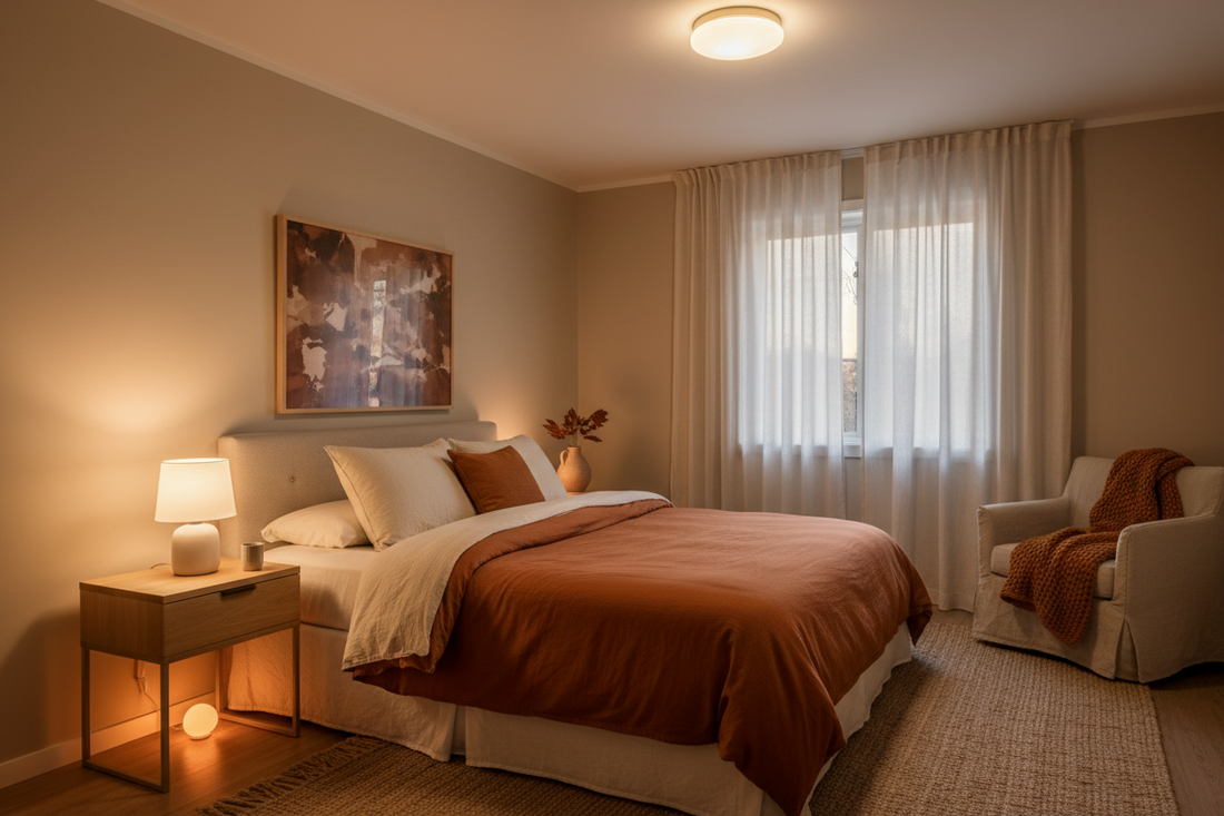 Cozy fall bedroom with warm layered lighting setup including bedside lamp and dimmable overhead light for better sleep