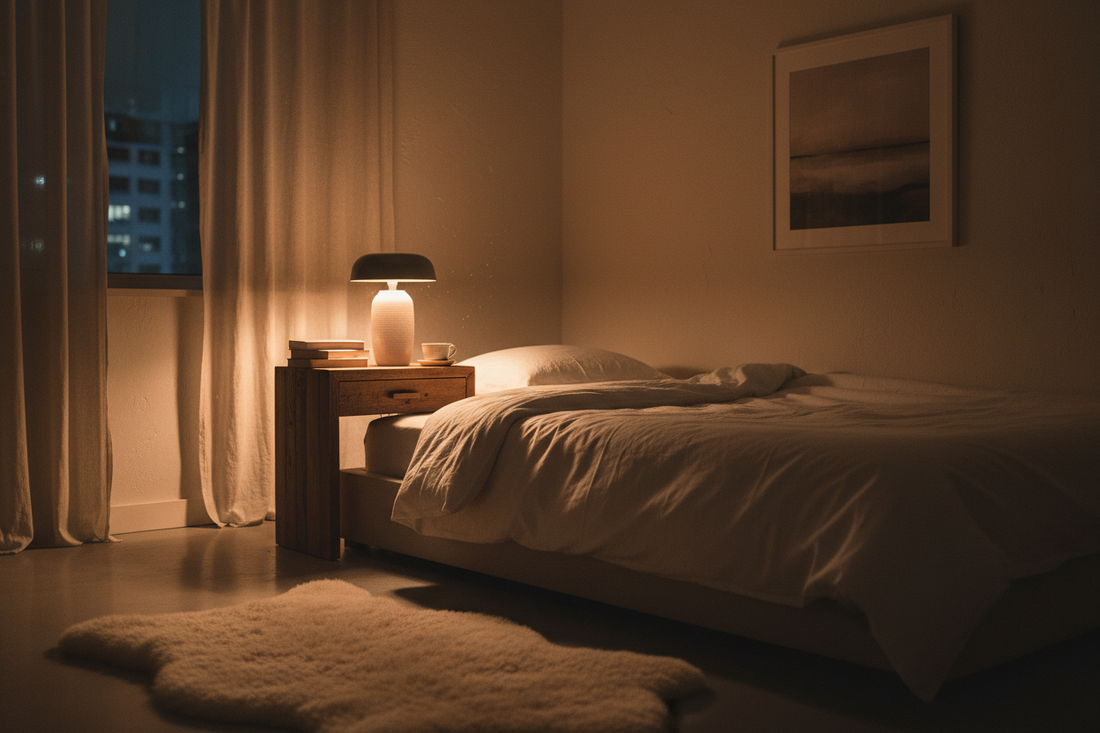 A calming bedroom setup with dimmable bedside lamps and a cozy floor lamp for evening relaxation, by Glowhaven.