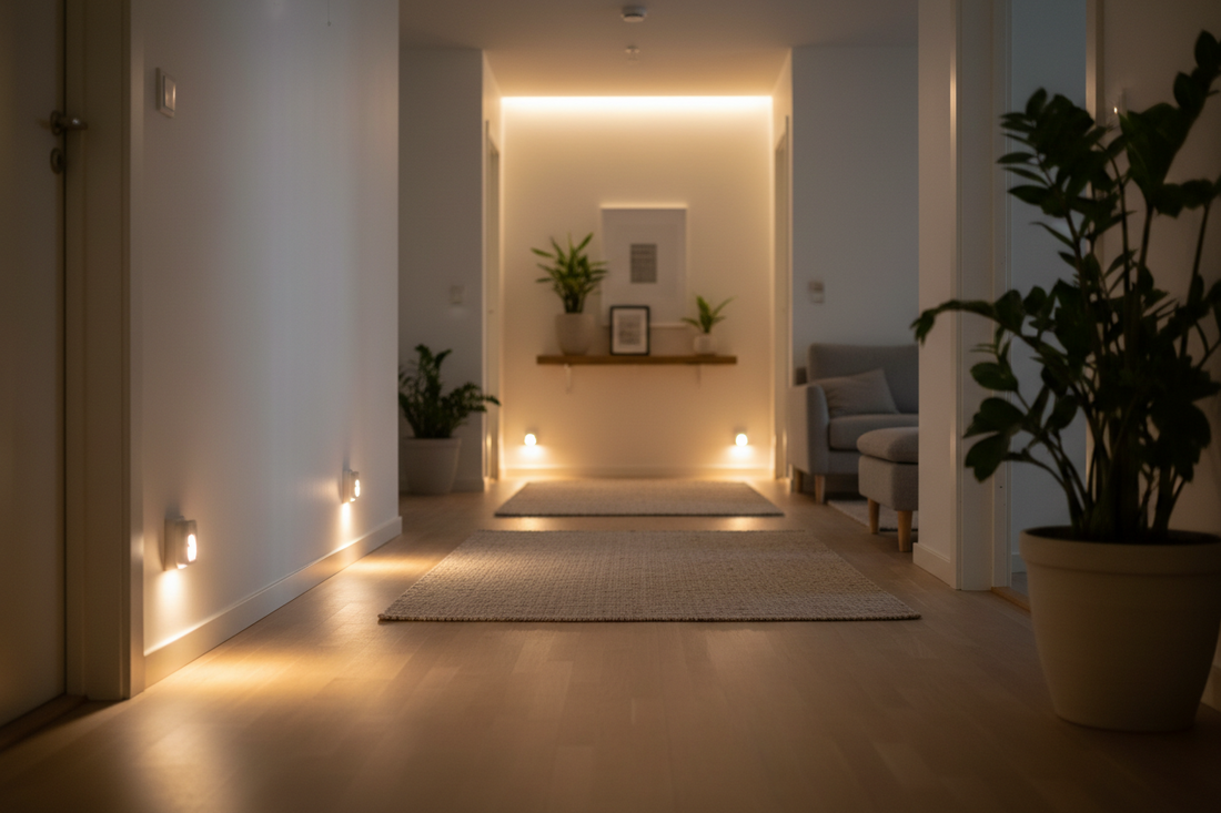 Warm plug-in safety night lights illuminating a modern home hallway during a power outage
