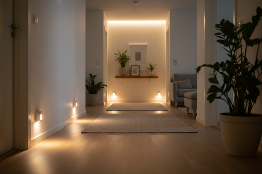 Warm plug-in safety night lights illuminating a modern home hallway during a power outage