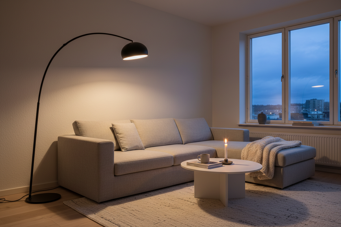 Tall arc floor lamp casting warm ambient light over a modern living room sofa and coffee table