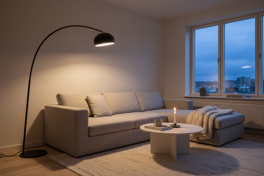 Tall arc floor lamp casting warm ambient light over a modern living room sofa and coffee table
