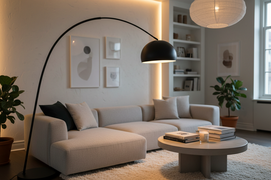 Best floor lamps for living room — matte black arc floor lamp over gray sofa creating warm ambient glow in modern living room