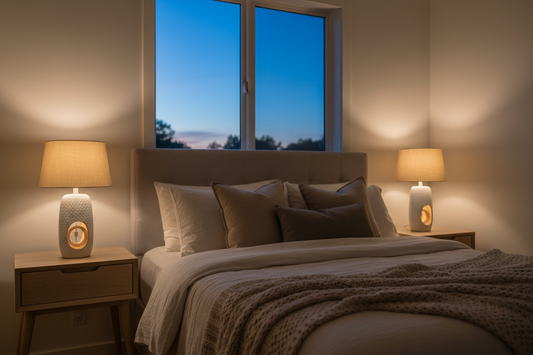 Dimmable bedside table lamp set of 2 with USB port on matching nightstands in a cozy small bedroom