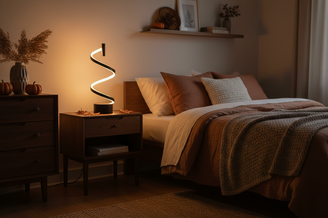 Cozy small bedroom with dimmable bedside table lamp casting warm amber light, fall bedroom lighting setup with layered glow