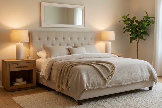 Cozy bedroom with two matching ceramic table lamps on wooden nightstands, warm white lighting, modern farmhouse interior design