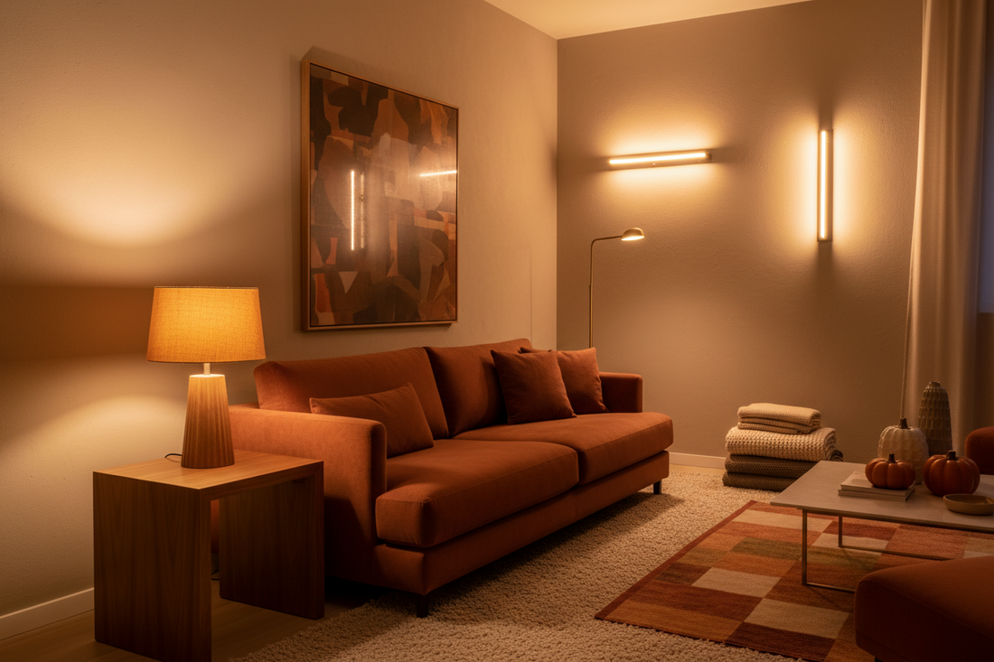 Cozy living room with warm mood lighting and layered ambient lamps for fall home decor
