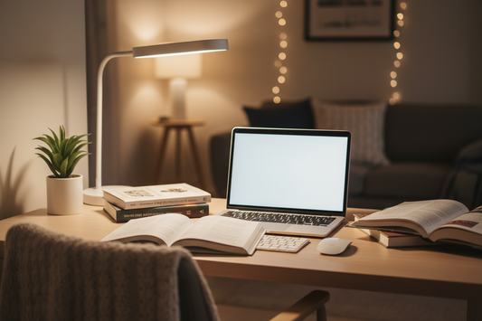 Best desk lamp for college dorm room setup with warm lighting and textbooks on desk