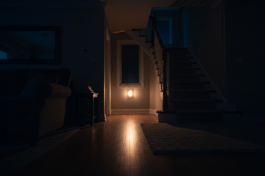 Warm emergency backup light glowing automatically in a dark home hallway during a power outage at night