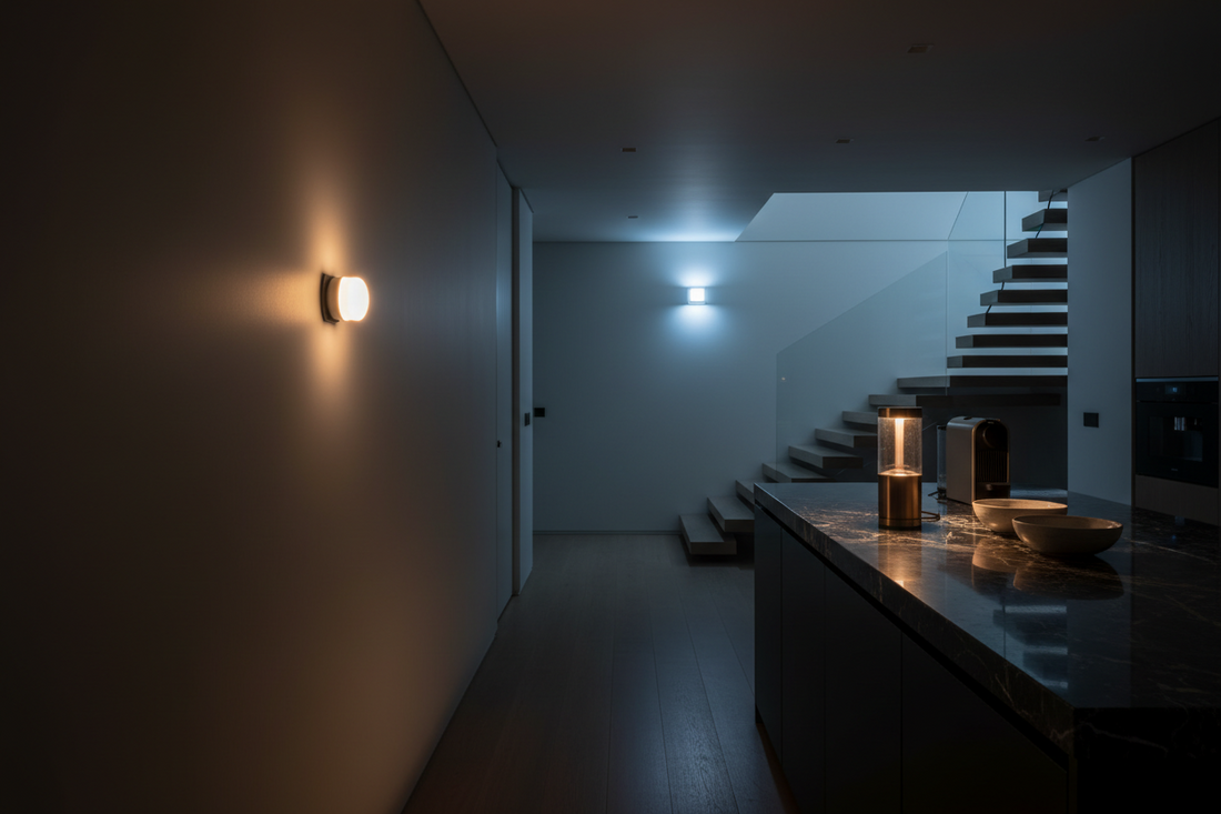 Home hallway and stairwell lit by emergency plug-in lights and a rechargeable lantern during a power outage