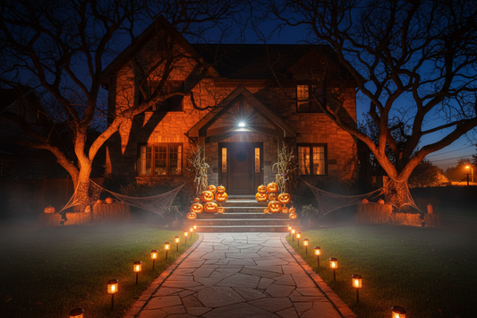 Halloween outdoor lighting with amber uplights, glowing pumpkins, and solar pathway lights on a home exterior at night