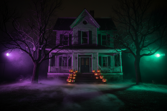 Halloween front yard with purple and green outdoor spotlights illuminating bare trees and pumpkins at night