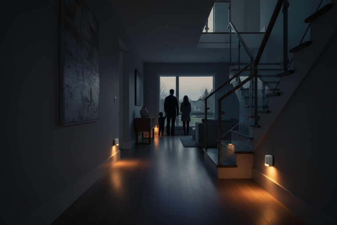 Emergency nightlights glowing in a dark home hallway during a power outage