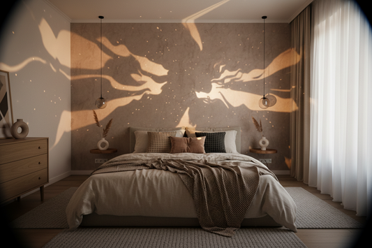 A beautifully lit bedroom featuring shadow projectors creating a dreamy atmosphere on the wall, by Glowhaven.