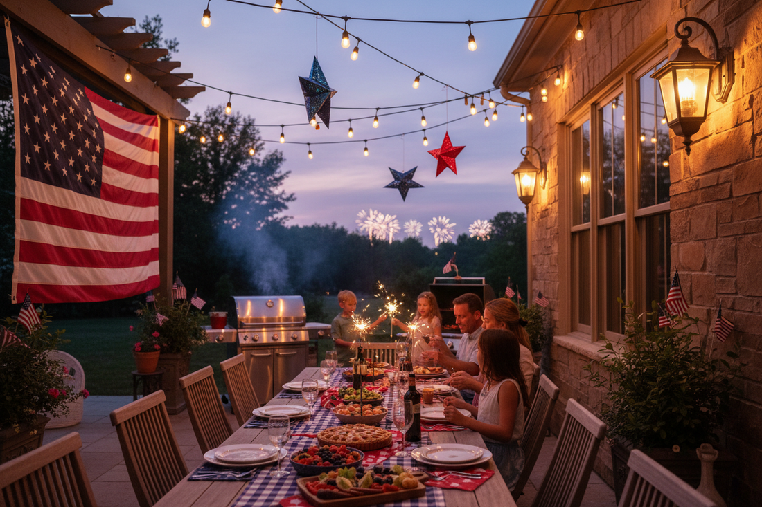 Professional wall sconce lighting and festive projectors creating a perfect atmosphere for Independence Day parties, by Glowhaven.