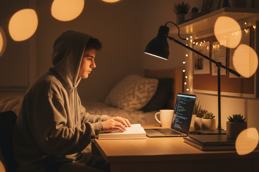 College student studying at a dorm room desk with a warm adjustable desk lamp illuminating textbooks and a laptop at night