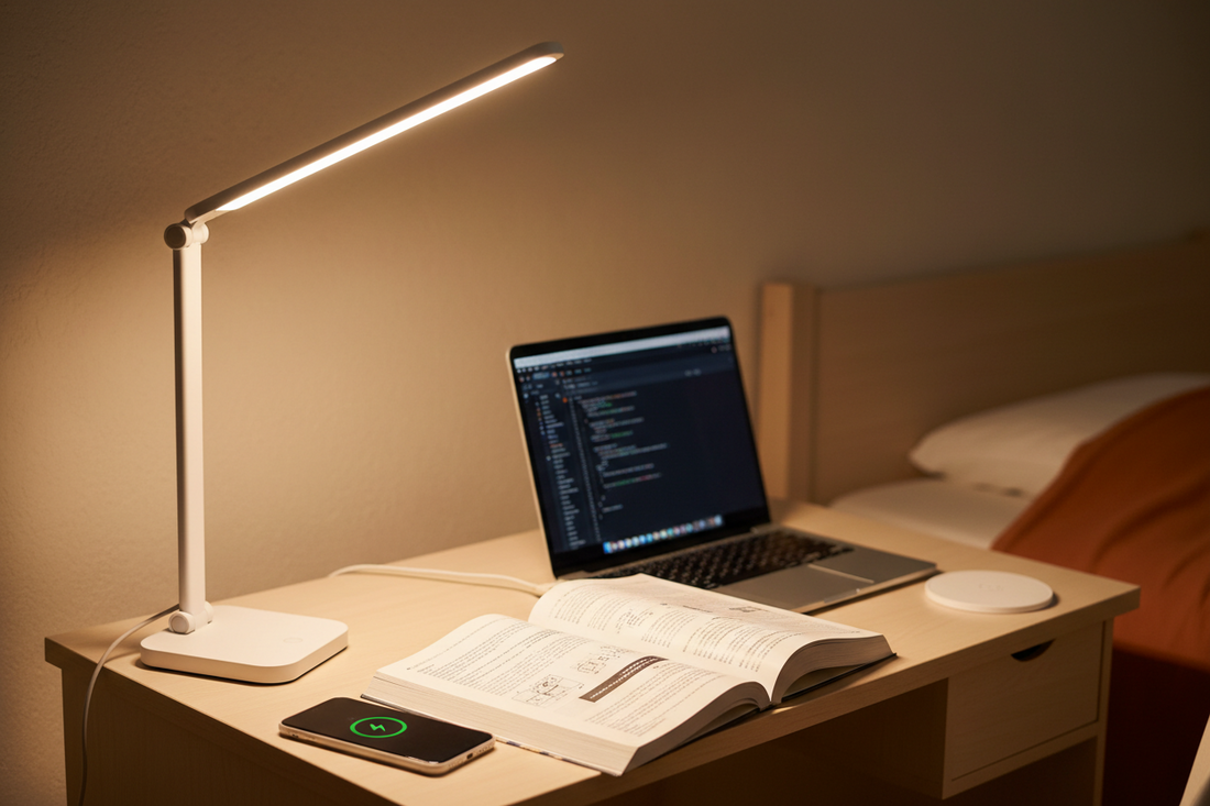 Foldable rechargeable LED desk lamp on a college dorm room desk with textbook and laptop for fall study setup