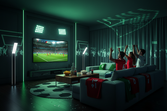 Professional shadow projectors and lighting creating an immersive World Cup viewing experience, by Glowhaven.