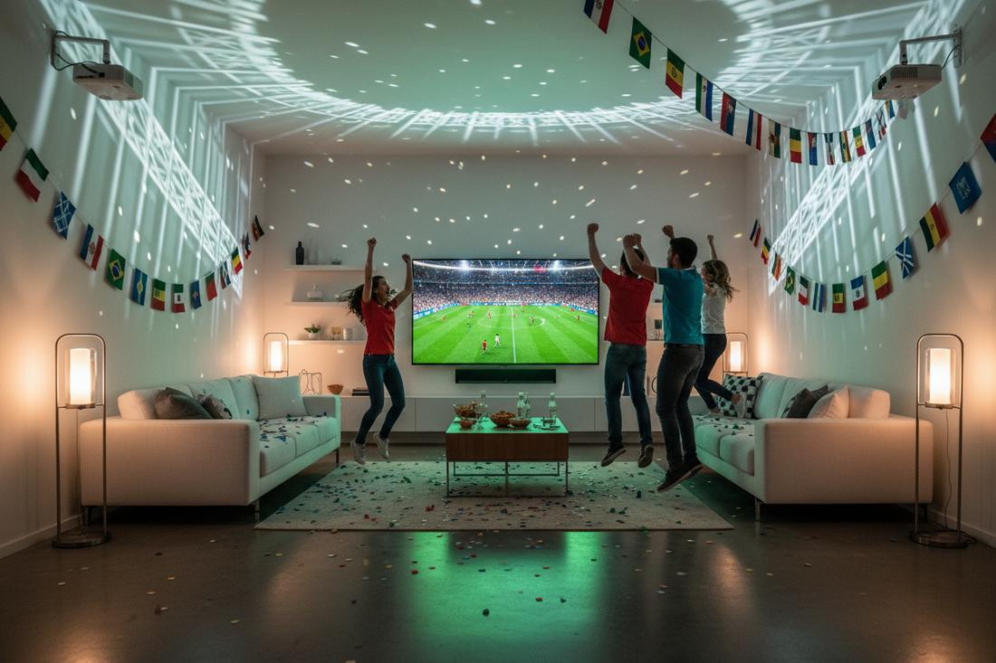 Professional shadow projectors and lighting creating an immersive World Cup viewing experience, by Glowhaven.