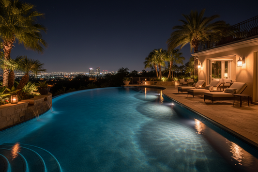 Professional pool lights and outdoor sconces creating a safe and sophisticated night-time swimming experience, by Glowhaven.