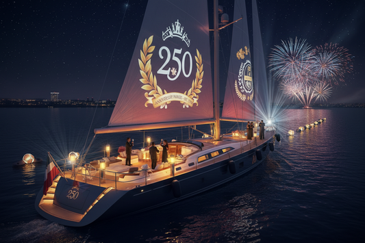 Professional waterproof sconces and festive lighting creating a perfect atmosphere for the 250th anniversary boat parade, by Glowhaven.