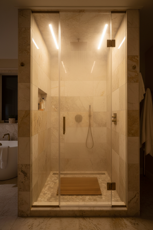A beautifully illuminated modern shower stall featuring high-quality shower lights, by Glowhaven.