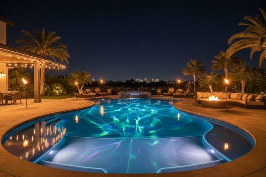 A beautifully illuminated backyard pool featuring high-performance pool lights, by Glowhaven.