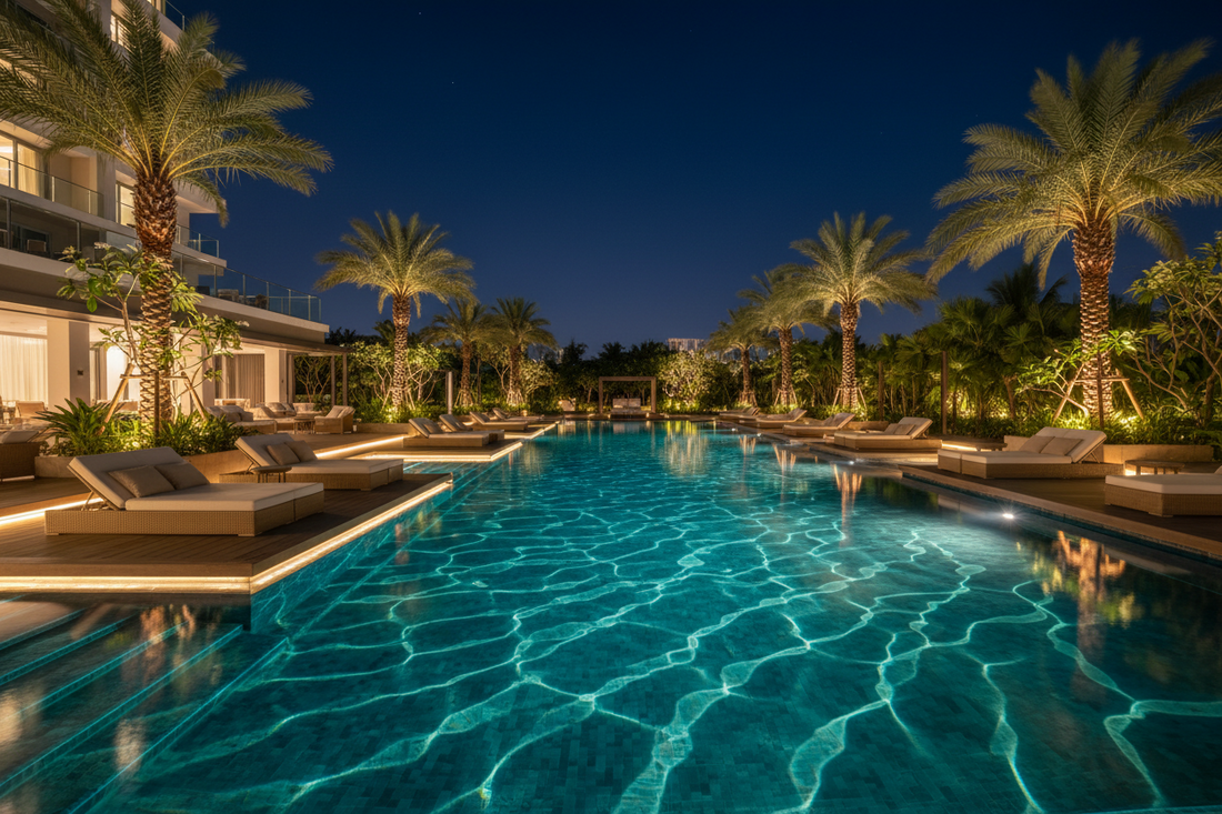 A professional outdoor pool setup featuring pool lights, sconces, and shadow projectors, by Glowhaven.