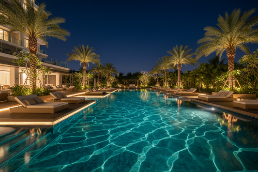 A professional outdoor pool setup featuring pool lights, sconces, and shadow projectors, by Glowhaven.