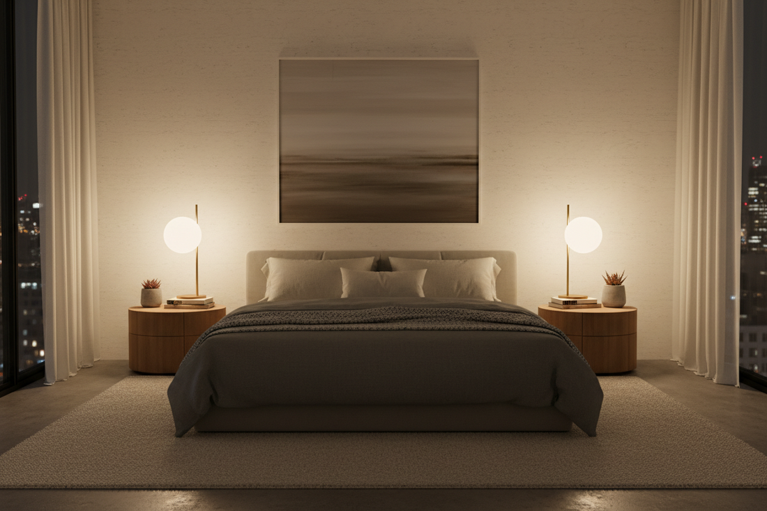 Professional bedside lamps and bedroom lighting creating a calming sanctuary for better sleep, by Glowhaven.
