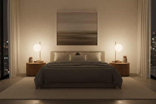 Professional bedside lamps and bedroom lighting creating a calming sanctuary for better sleep, by Glowhaven.