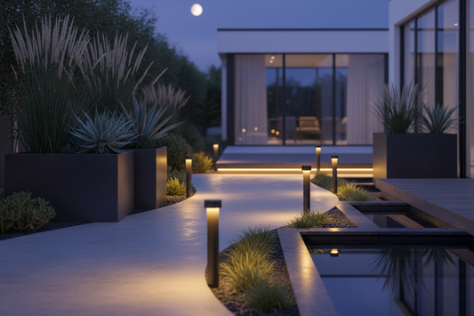 A professional backyard lighting setup featuring solar garden lights and sconces, by Glowhaven.
