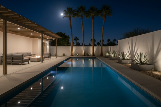 A professional backyard lighting setup featuring pool lights and sconces, by Glowhaven.