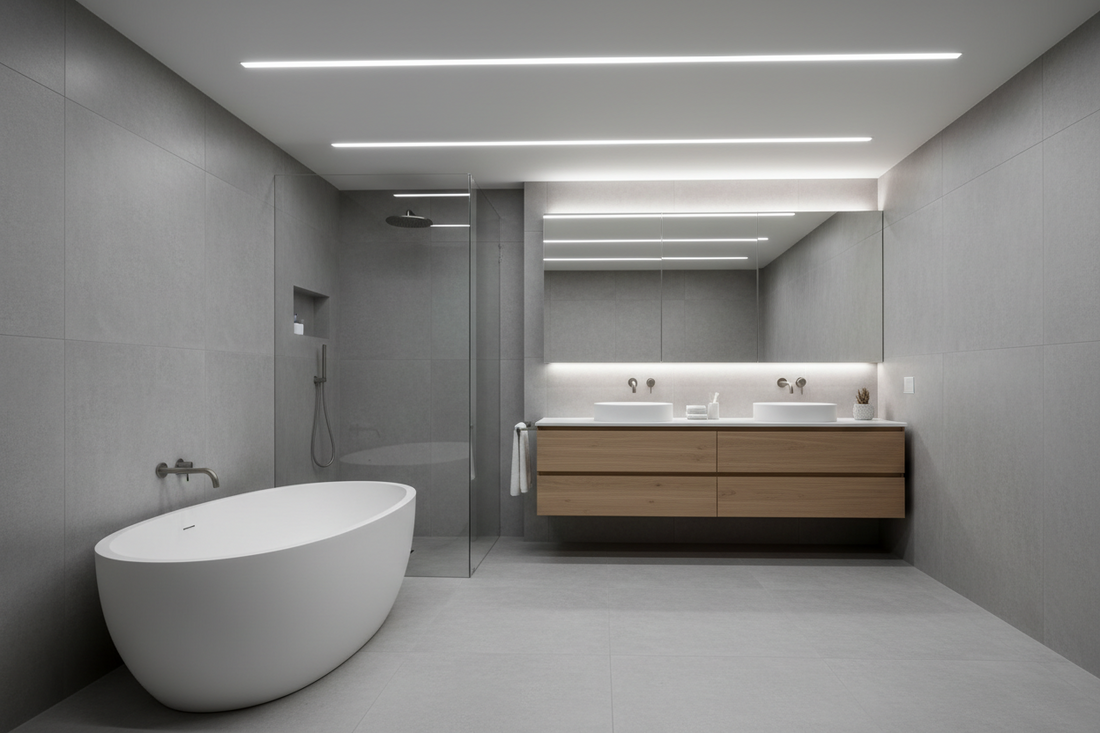 A professional bathroom lighting setup featuring waterproof led ceiling lights and sconces, by Glowhaven.