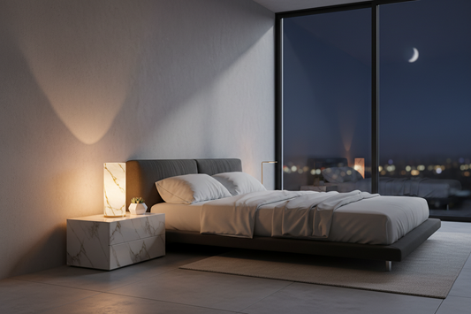 Professional marble lamp night light touch and bedroom lighting creating a calming sanctuary for better sleep, by Glowhaven.