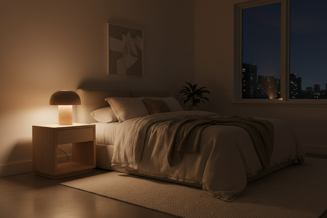 A cozy bedroom interior illuminated by warm glowing bedside lamps and soft sconces, by Glowhaven.