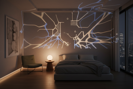 A professional home lighting setup featuring shadow projectors and bedside lamps, by Glowhaven.
